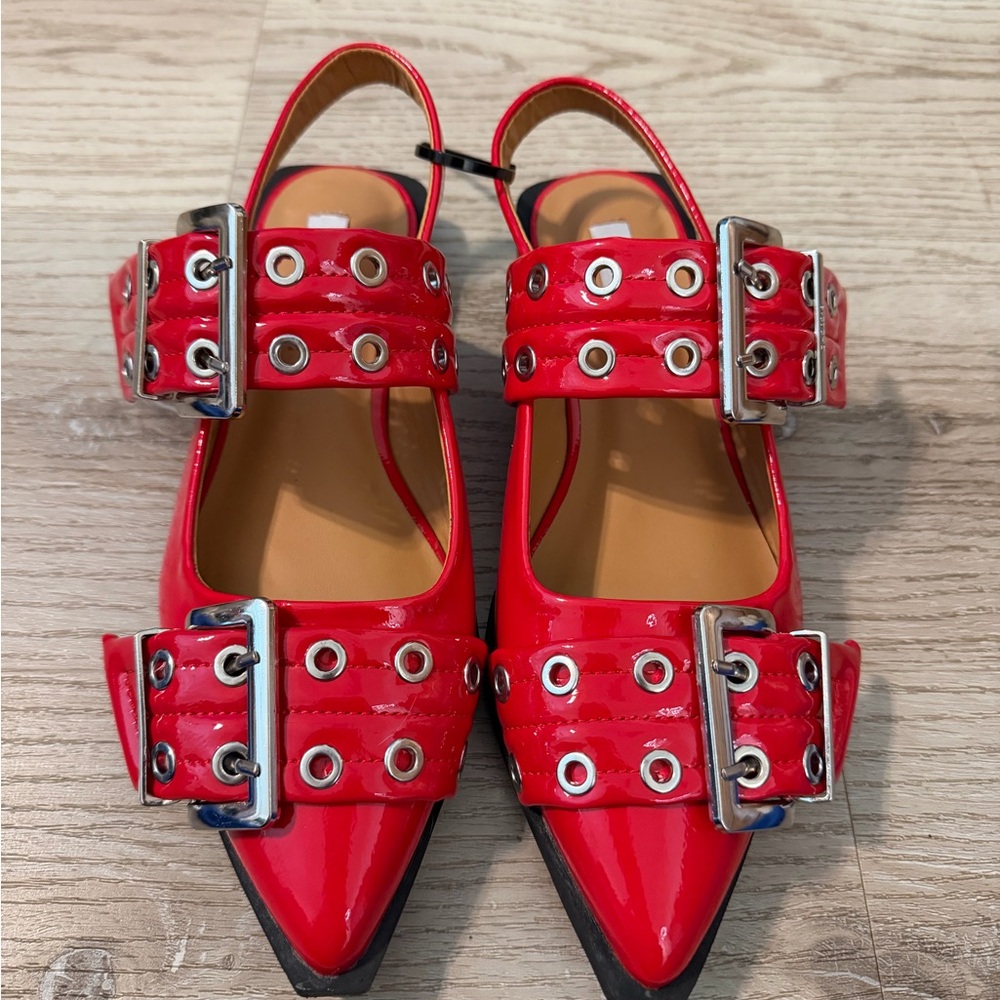 Patent Red Pointed Slingback Mules with Double Buckle Detail